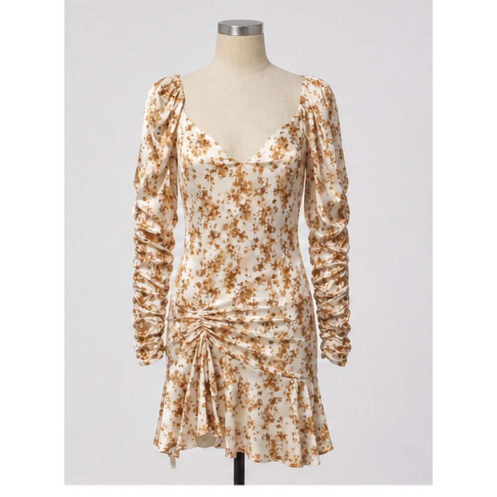 Caroline Constas Silk Floral Ruched Mini Dress XS Ivory Brown Puff Sleeve